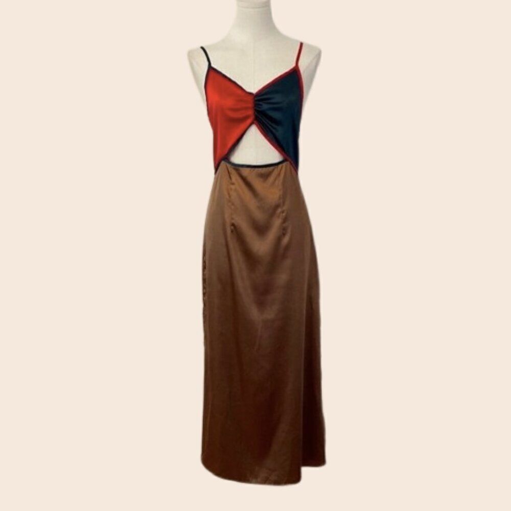 Bonheur D'amour Satin Colorblock Midi Dress Size Small